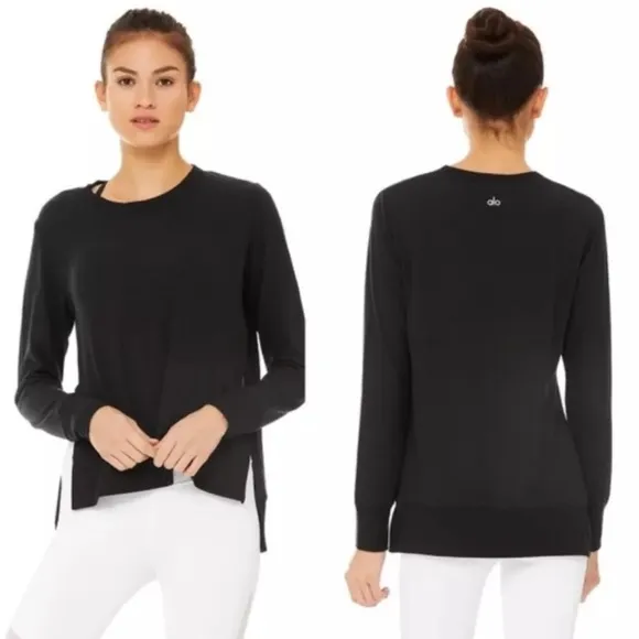 ALO YOGA Hi Low Black Long Sleeve Knit Slit Pullover Top Tunic - Image 2
