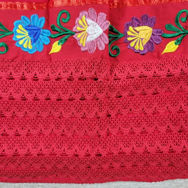Handmade Mexican Dress M Red Embroidered Muumuu Floral Crochet Boho Hippie Midi - Image 7