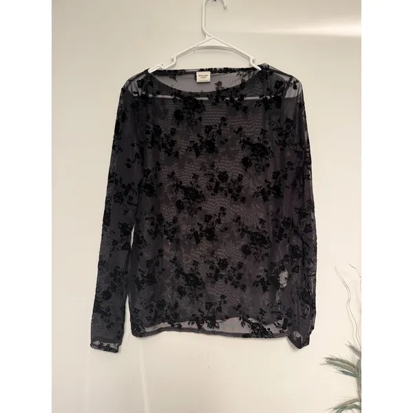 Abercrombie & Fitch Womens Black Floral Burnout Velvet Mesh Long Sleeve Top L - Image 2
