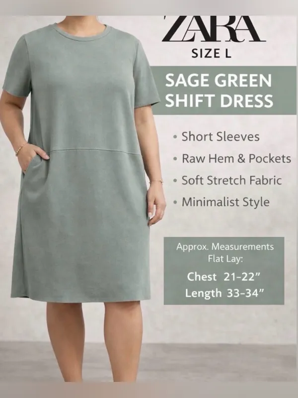 Zara women’s size L Sage Green Shift Dress Raw Hem Short Sleeve Pockets(A425)✨ - Image 2