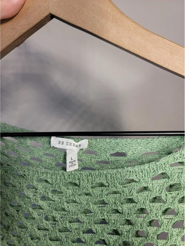 En Crème Sage Open-Knit Bell Sleeve Crop Top Fairy Y2K L - Image 2