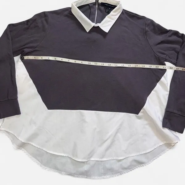 French Connection Grey and White Collared Blouse Top with Zipper Back (Size S) - Image 4