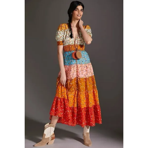 Anthropologie NWT Tiered True Dress Small Patchwork Colorblock Floral‎ Midi Boho - Image 10