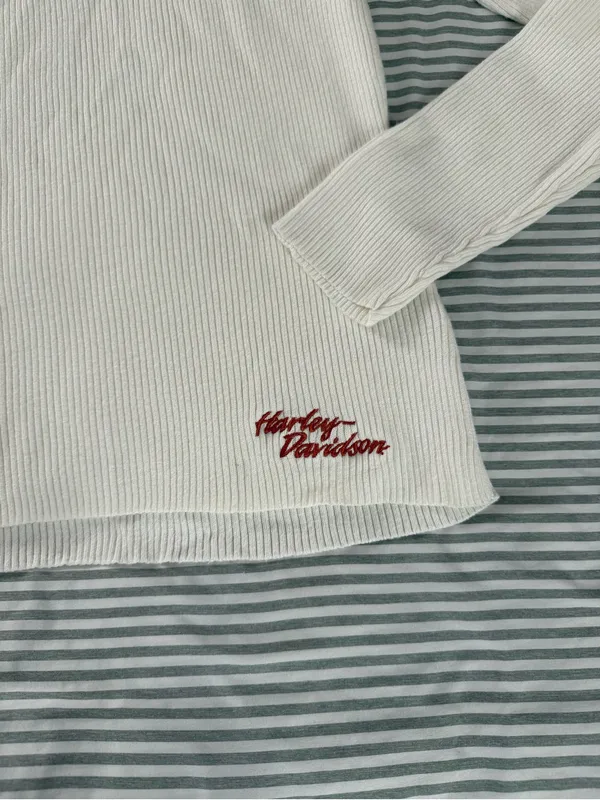 Cream color Ribbed Turtleneck Harley Davidson Sweater with Red Script Accent - Image 2
