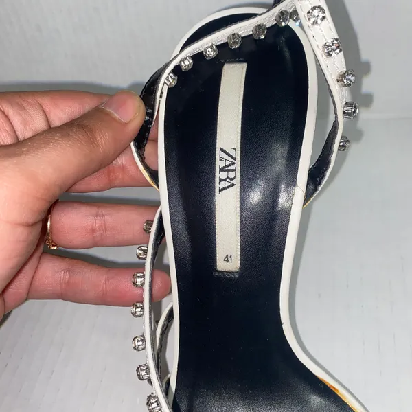 Zara White Leather Studded Embellished Rhinestone Heeled Sandals Women's 41 11 - Image 9