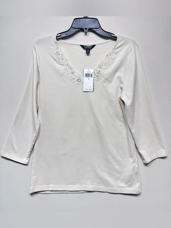 Lauren ralph lauren Lace-Trim Stretch Cotton 3/4 sleeve Top size large nwt - Image 2