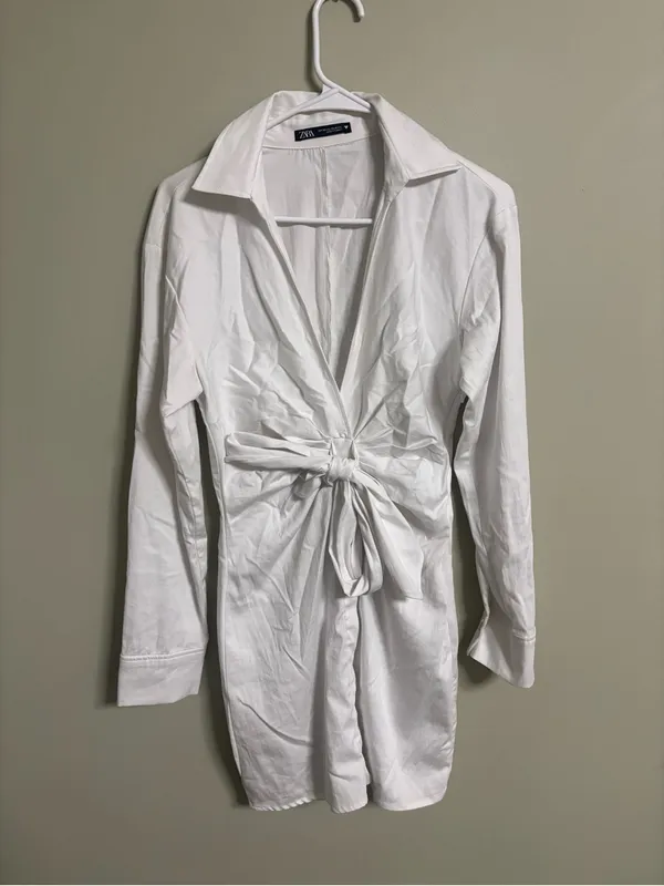 Zara Poplin Shirt Dress Mini White Knot Size XS Long Sleeve Bridal Shower Photos - Image 2