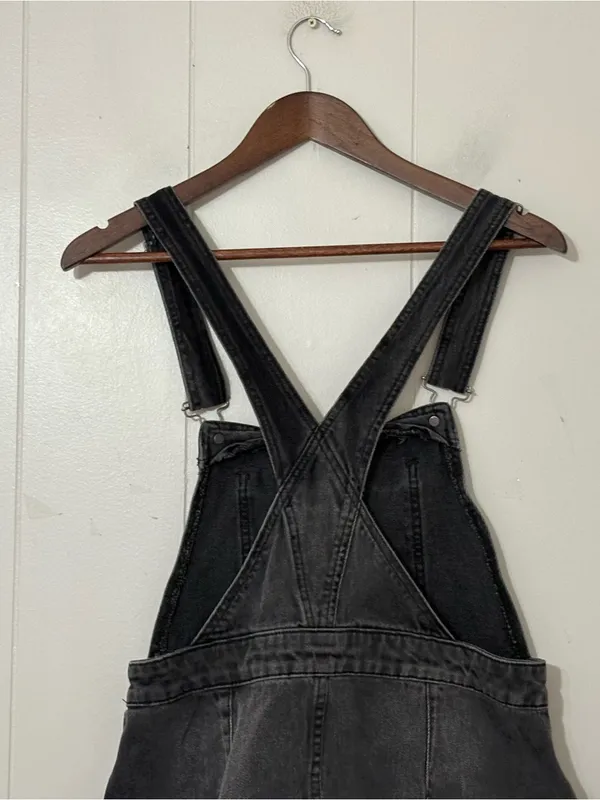 Free People Rocky Mountain Denim Overall Dress Charcoal Gray Sz 8 Snap Side Mini - Image 7