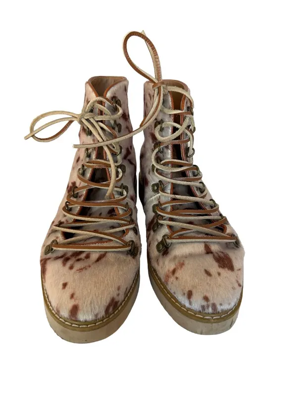 Free People Vegan Leather Fur Cow Print Lace-Up Boots Booties Size 7 Women's - Image 2