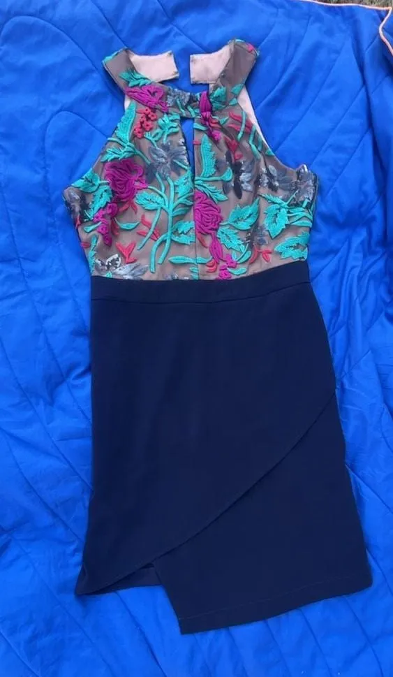 Harlyn Floral Embroidered Halter Keyhole Cocktail Dress with Tulip Wrap Skirt - Image 3