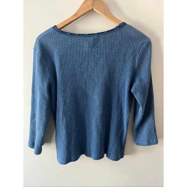 Lauren Ralph Lauren Blue Waffle Knit y2k 100% Cotton blouse L Lace Trim coquette - Image 7