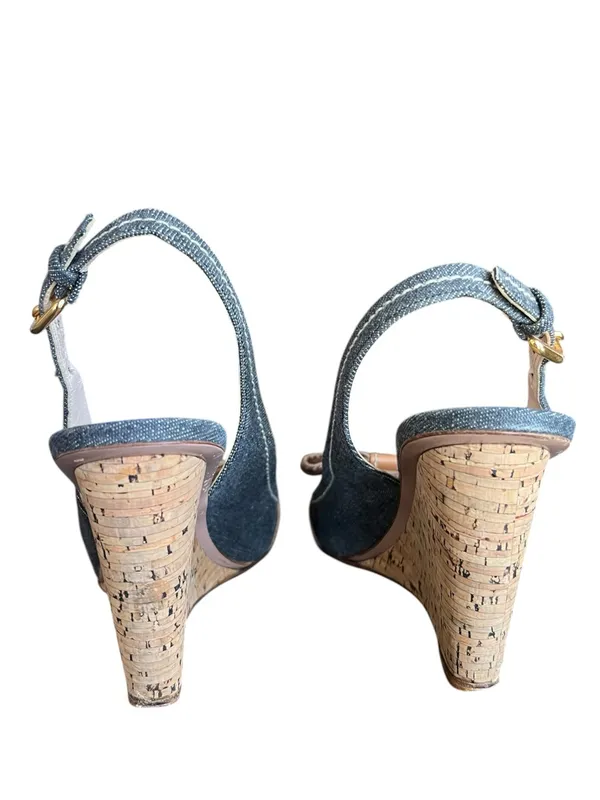 Prada Women’s Peep Toe Denim Cork Leather Bow Wedge Y2K Vintage Heels 38.5 - Image 5