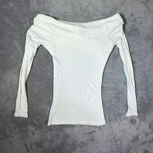 Abercrombie & Fitch Women’s Small Ivory Ribbed Off Shoulder Wrap Long Sleeve Top - Image 8