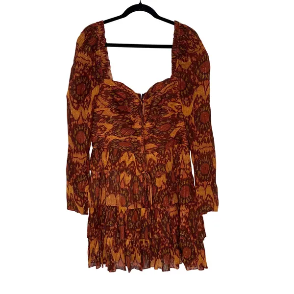 Ulla‎ Johnson Mini Dress Women 10 Orange Excellent Ikat Metallic Ruffle Ruched - Image 3