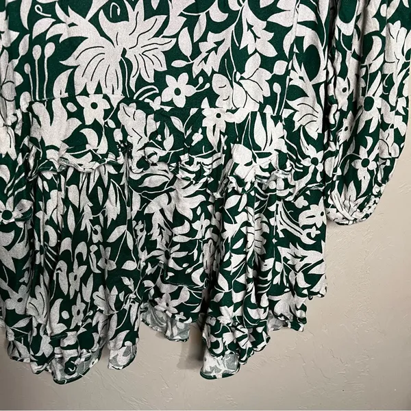 Free People‎ Rebecca Floral Green White Ruffle Tiered Long Sleeve Mini Dress - Image 10