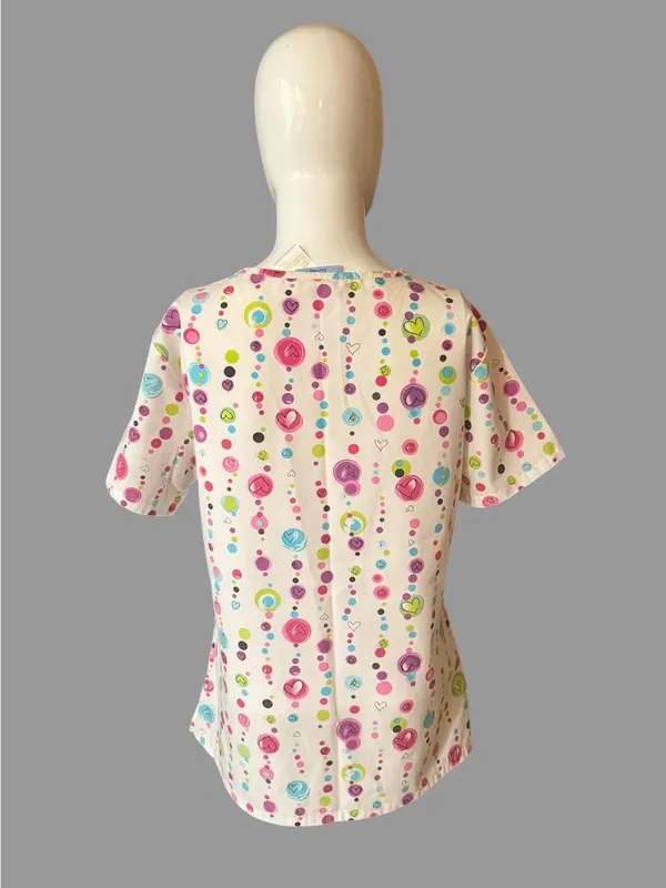 SB Scrubs White V-Neck Short Sleeve Top with Pink, Blue & Green Dot Print - Image 4