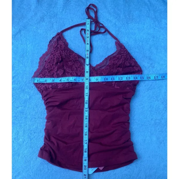 Romwe Whimsigoth Y2K Size S Top Contrast Lace Ruched Tie Back V-Neck Top Vest Red - Image 9