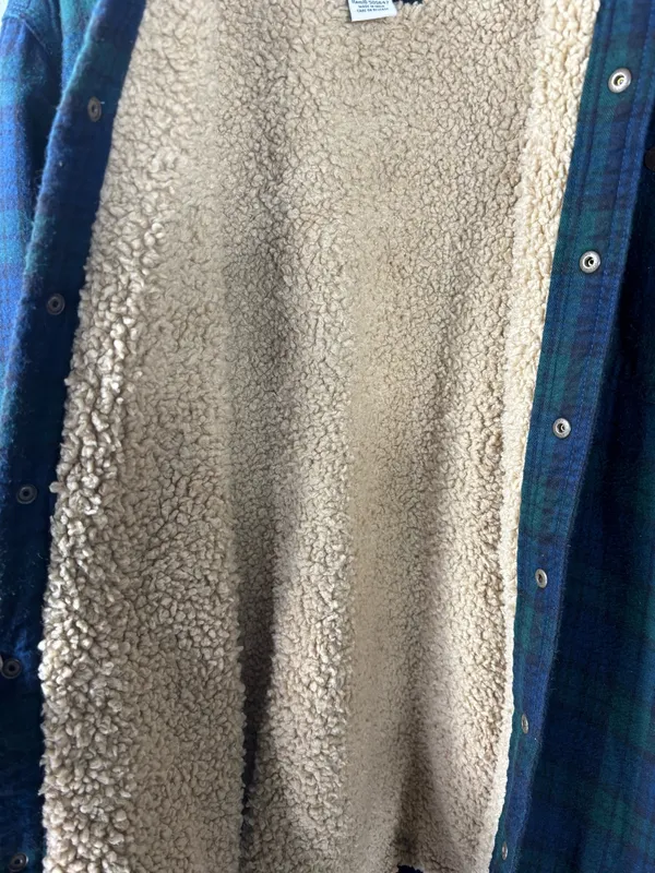 LL Bean Sherpa Lined Plaid Flannel Shacket Blue Green Shirt Men’s SZ XL Fleece - Image 12