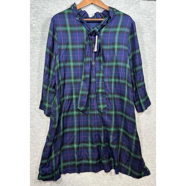 Crown & Ivy Navy‎ Plaid Tie Back Neck Dress Ruffle Size L Preppy Casual - Image 3