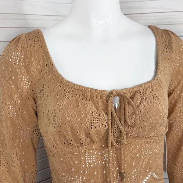 Kirious Boho Embroidered‎ Eyelet Tie Neck Long Sleeve Crop Top Tan XS - Image 5
