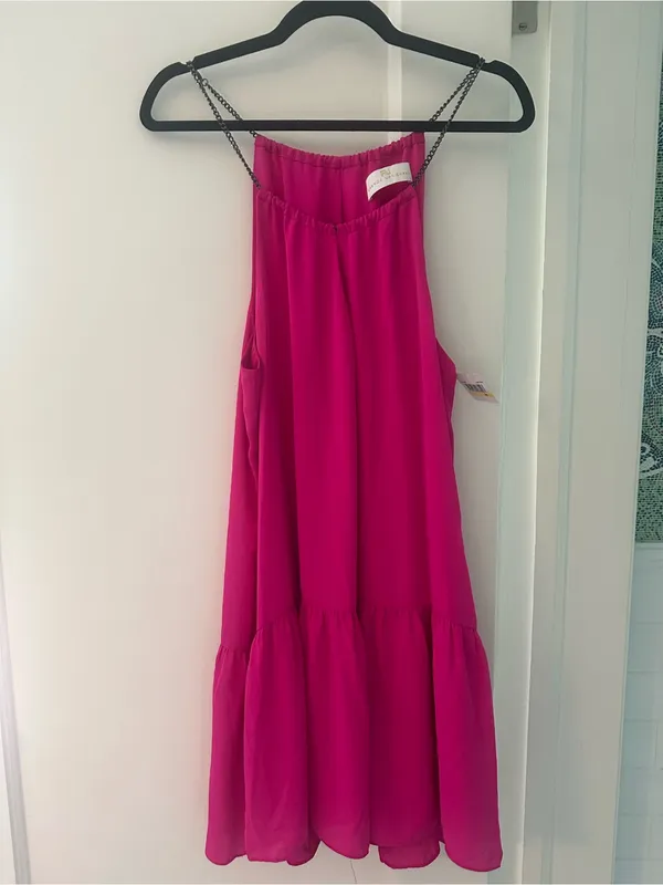Amanda Uprichard nwt hot pink dress drop waist lined chain halter ruffle MEDIUM - Image 2