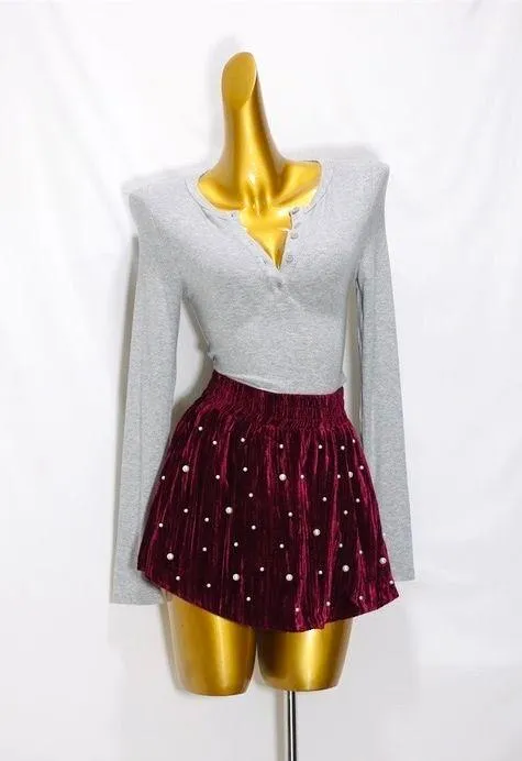 Peach Love Wine Red Velvet Pearl Studded Skort - Image 6