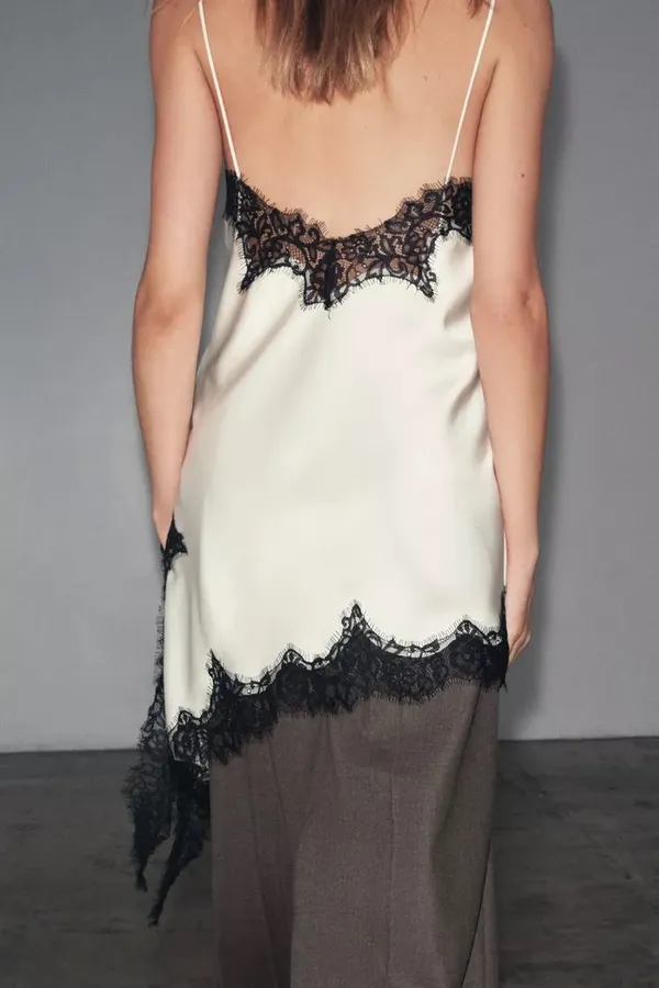 Zara Satin Lace-Trim Slip Dress - Lingerie White with Black Lace - Image 11