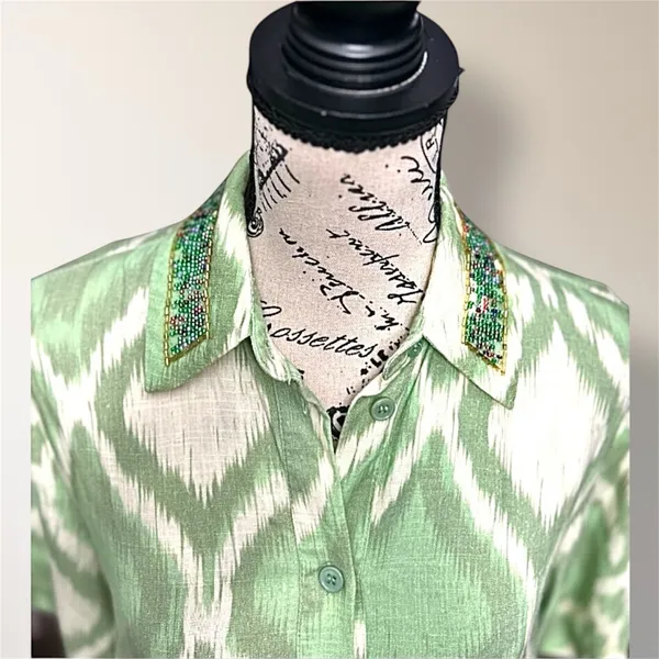ZARA Green Cream Ikat Oversized Beaded‎ Collar Linen Blend Boho Coastal Shirt XS - Image 5