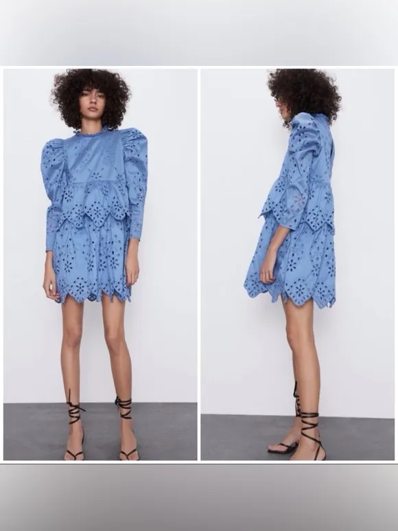 Zara Blue Floral Eyelet Mini Dress XS 100% Cotton Long Sleeve Cottagecore - Image 2