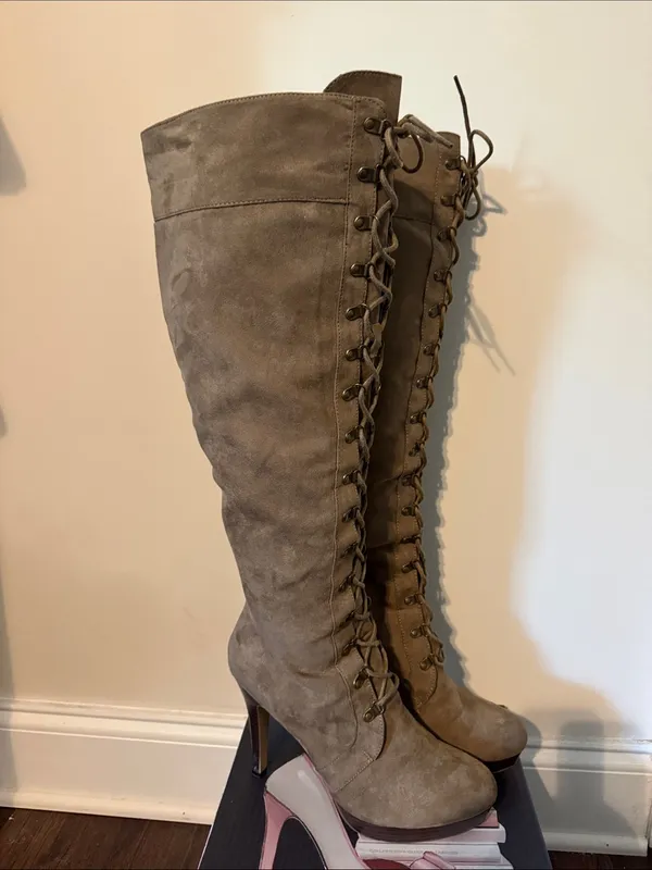 Over-the-Knee Lace-Up Women's Boots in Taupe - Image 2