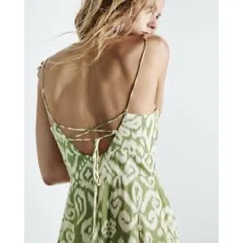 Zara Womens Green Ikat Print Lace Up Back Midi Dress Ruched Slit Summer‎ Boho M - Image 2
