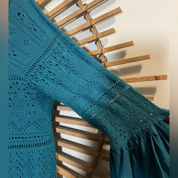 Free People Once Upon A Time Teal Lace Knit Bell Sleeve Top Fairy Boho - Image 6