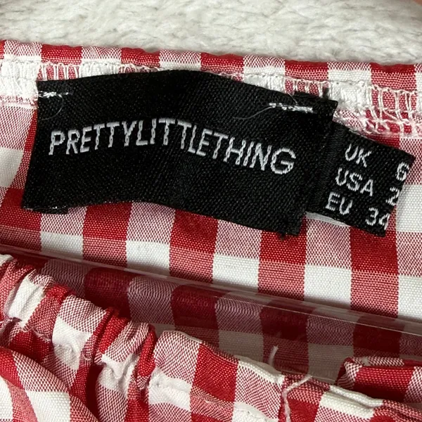 PrettyLittleThing Red White Gingham Off Shoulder Crop Top Button Front Size 2 - Image 2