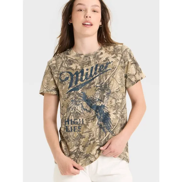 Miller High Life Graphic Camo Tee NWOT Tan with Navy Print Size Large - Image 2
