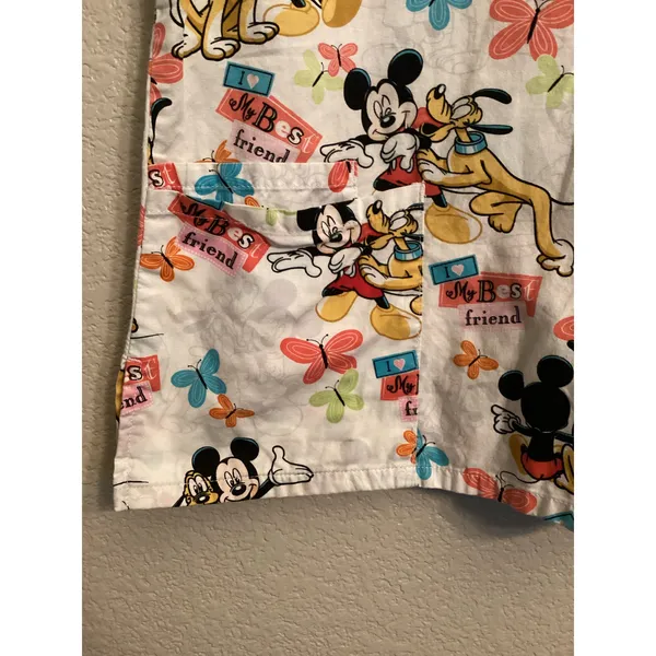 Disney Mickey & Pluto "My Best Friend" Butterfly V-neck Nurse Scrub Top M - Image 2