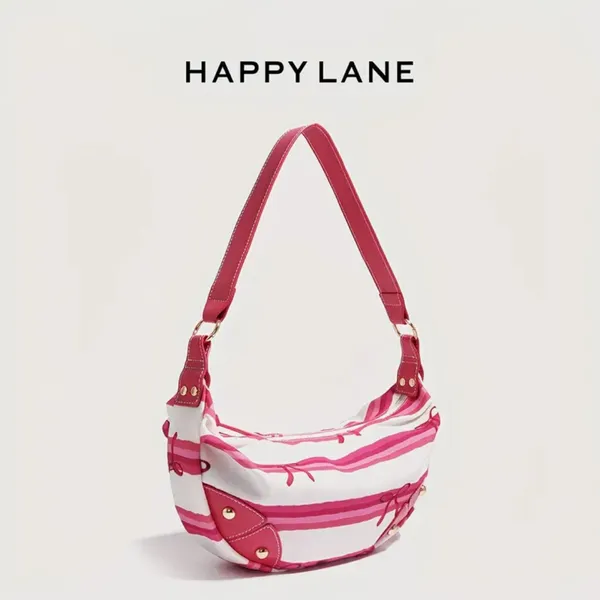 Pink Stripe Coquette Crescent Hobo Shoulder Bag Scarf Print NIP - Image 10