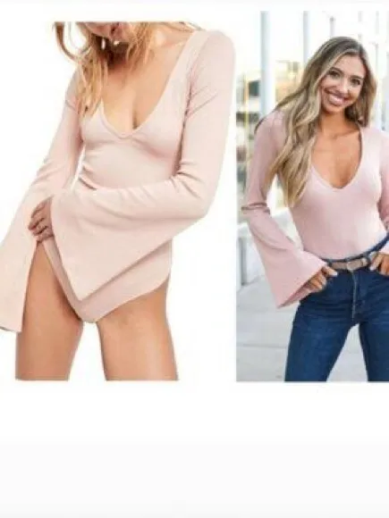 Free People Intimately $48 NWT Charli Pink Ribbed Bell Sleeve V-Neck Bodysuit L - Image 2