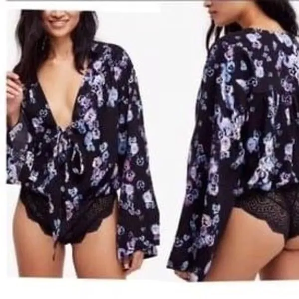 NWT Free People Intimately Floral Bodysuit Black‎ Blue Tie Front Lace S OB700661 - Image 2