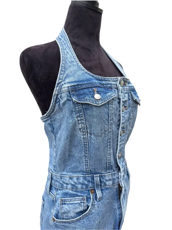 Universal Threads Denim Halter Midi Dress 90s Y2K Button Front Slit Pockets⁠ Sz 6 - Image 5