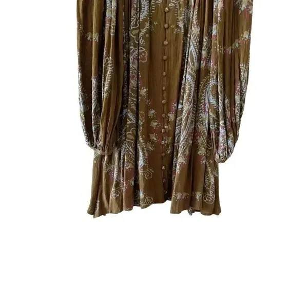 Free People Brown green hippie babydoll peasant dress balloon sleeves S #1993 - Image 3