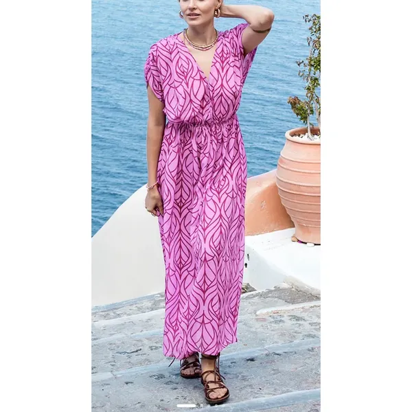 Cupshe‎ NWT Abstract Leaf Print Maxi Dress Maroon Pink V-Neck BeacH XL Boho - Image 2