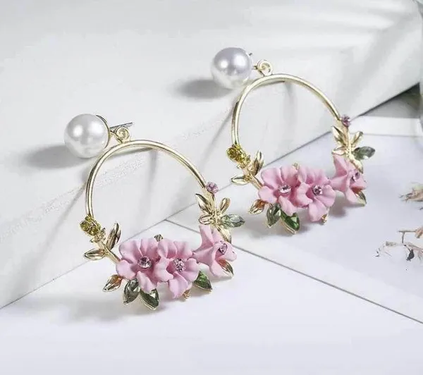Women's Pearl Pink Crystal Flower Dangle Drop Hoop Earrings - Image 4