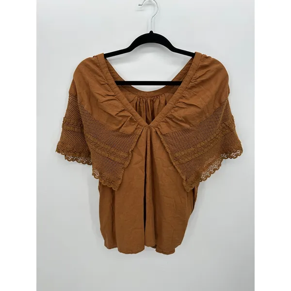 Old Navy XL Boho Peasant Top Brown‎ Lace Crochet Short Sleeve Cotton Blouse - Image 2