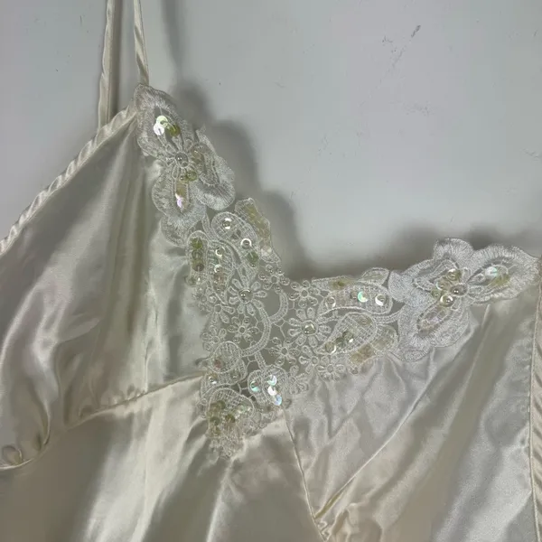 Vtg Y2K Cinema Etoile Satin Slip Cami Tank Embellished Lace Sz Large - Image 7