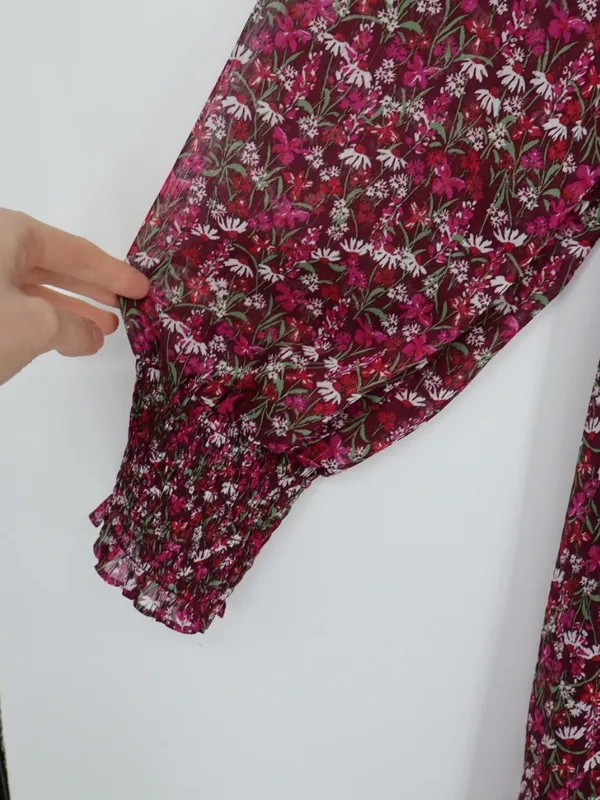 Draper James RSVP Smocked Floral Dress L Burgundy Metallic Long Sleeve Cottageco - Image 8
