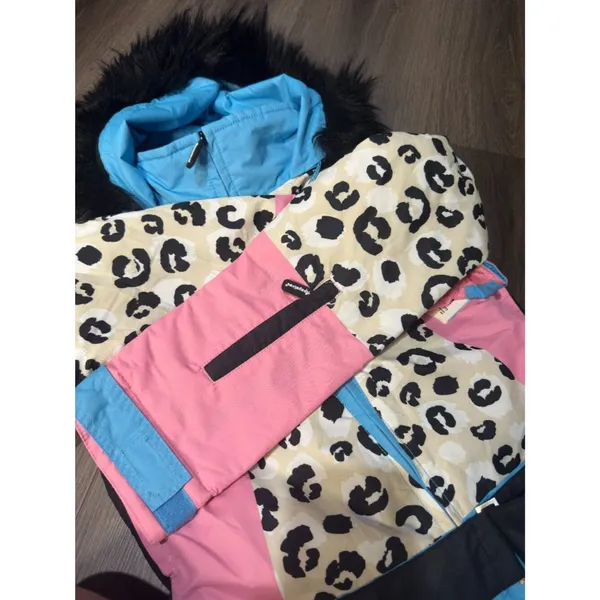 Tipsy Elves Ski Snow Suit Women's Size XS Snow Leopard Pink Blue Faux Fur Read - Image 13