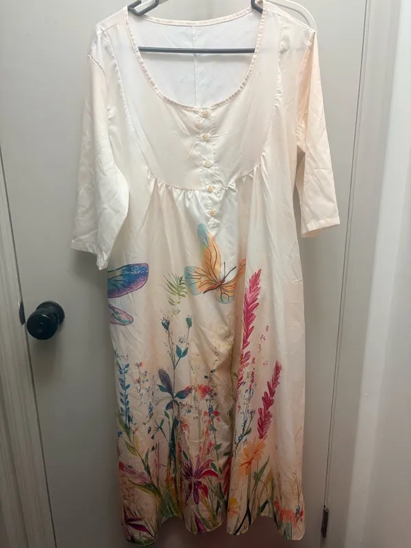 Women’s Cream Floral nightgown with Colorful Botanical Print 3/4 sleeves - Image 2