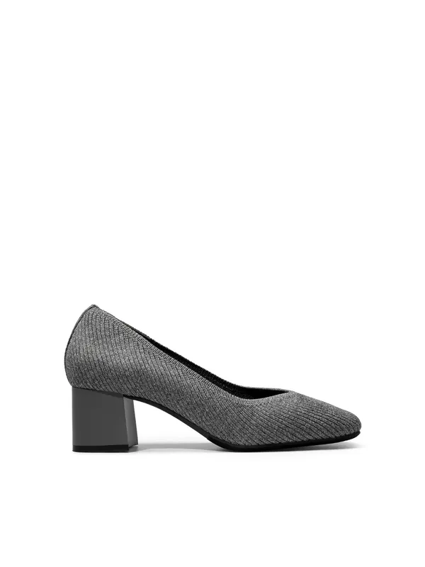 Burudani Flower Gray Knit Block Heel Pumps - Sleek Everyday Dress Shoes - Image 3