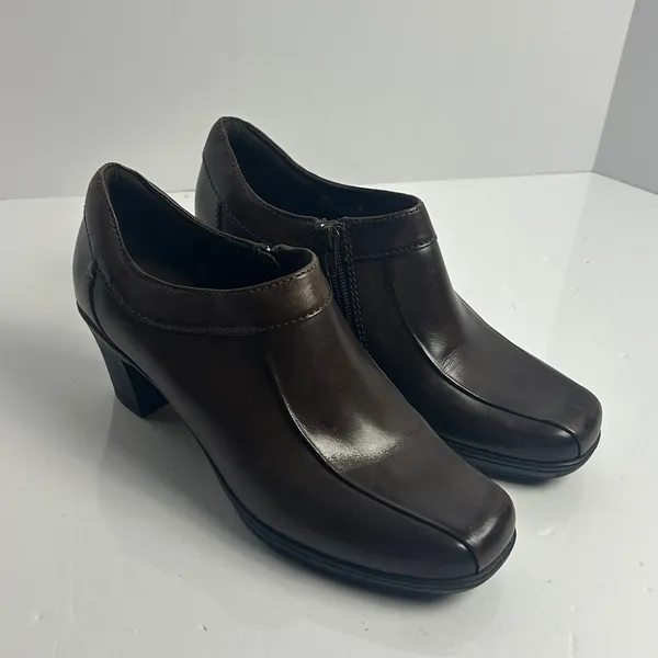 Clarks Womens Dark Brown Leather Square Toe Block Heel Ankle Booties‎ 9M - Image 10