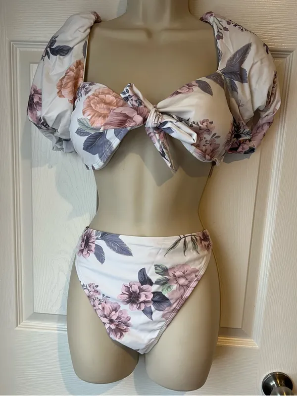 Cupshe XL Eden Floral Puff Sleeve Extra Cheeky High Waist Bikini Set NWT Swim - Image 3